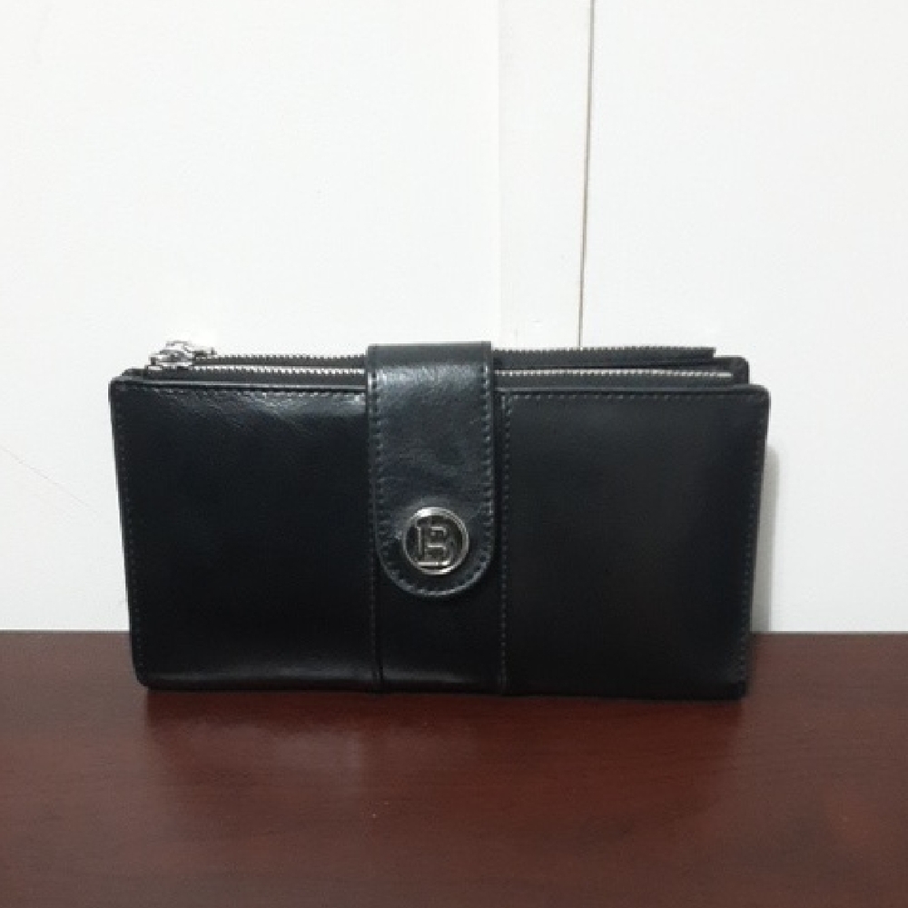 BOSTANTEN Double Zip Top Black‎ Leather Wallet with Initials PS Silver Accent
